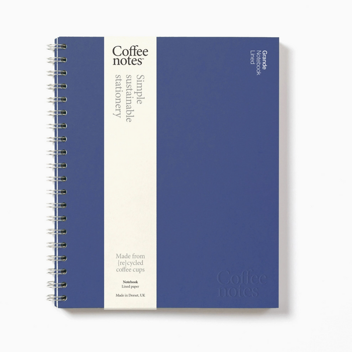 Blue notebook with white text on a white background