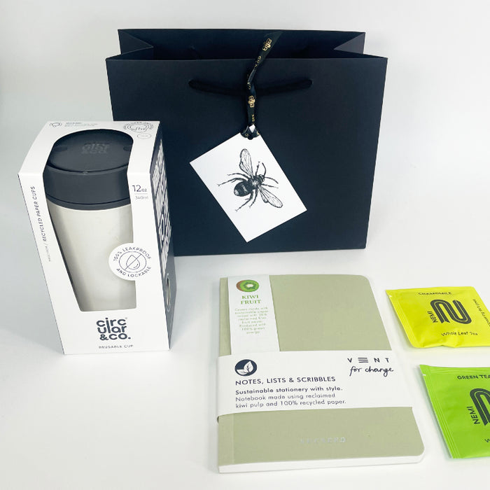 Sustainable event gift bag with Circular & Co Cup, vent for change notebook and Nemi tea