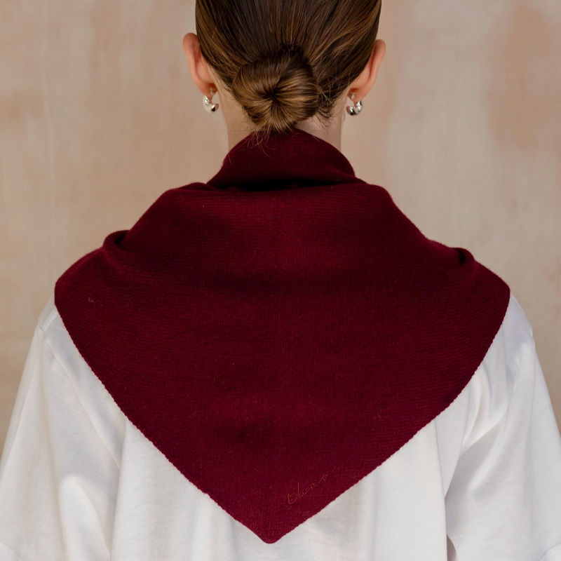 Person wearing a burgundy scarf over a white shirt against a beige background
