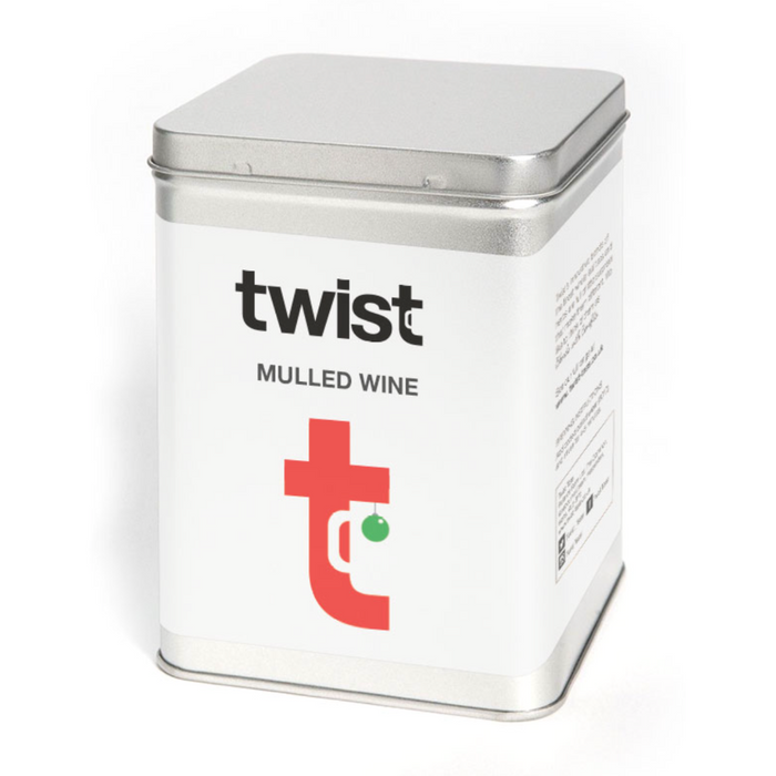 Metal tin container for 'twist Mulled Wine' on a white background