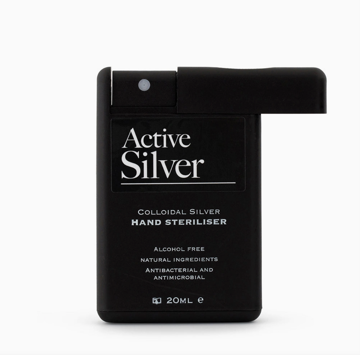 A 20mL black container of Active Silver Colloidal Silver Hand Steriliser, featuring a hinged lid and white text on a clean white background.