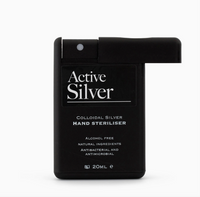 A 20mL black container of Active Silver Colloidal Silver Hand Steriliser, featuring a hinged lid and white text on a clean white background.