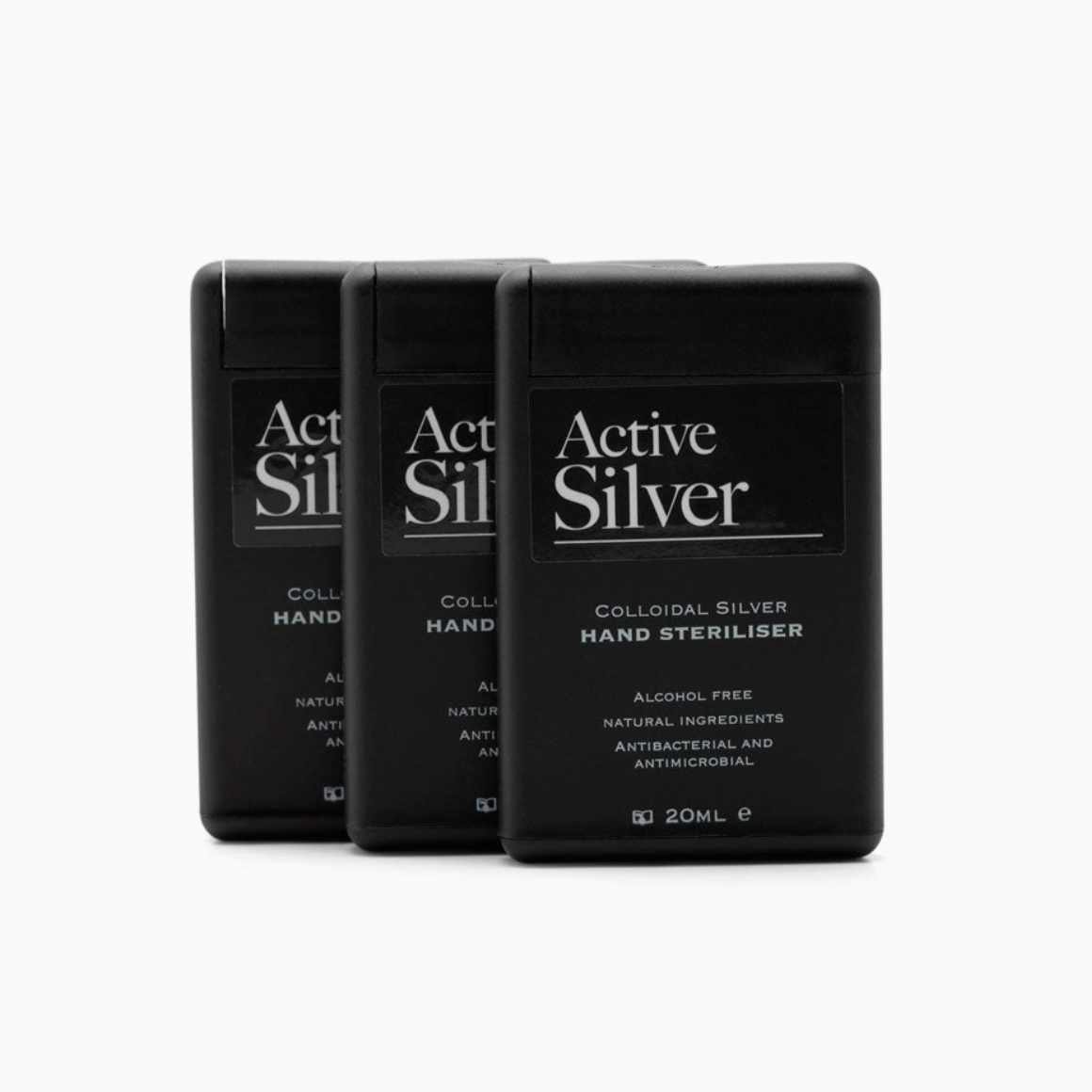 Three black rectangular bottles of Active Silver Colloidal Silver Hand Steriliser arranged in a row against a plain white background.