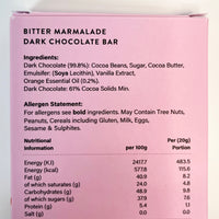 Pink packaging of a bitter marmalade dark chocolate bar with ingredient list, allergen statement, and nutritional information.