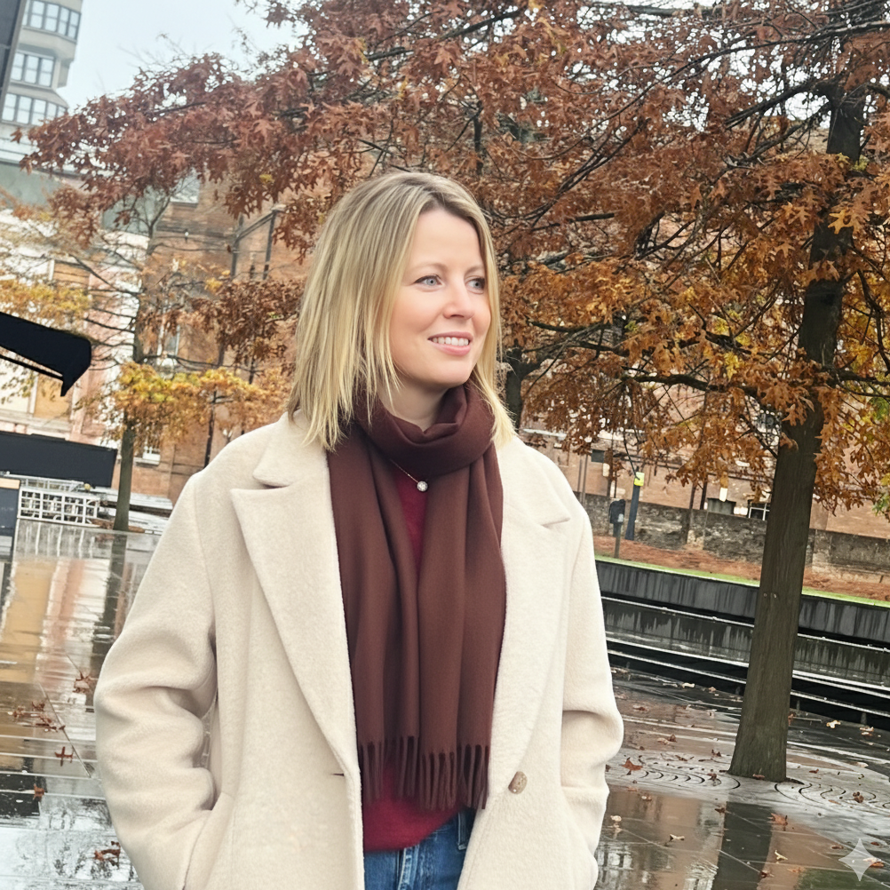 Women wearing brown scarf & beige coat with trees with autumn leaves on.