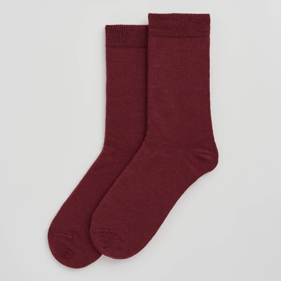 Pair of burgundy socks on a light grey background