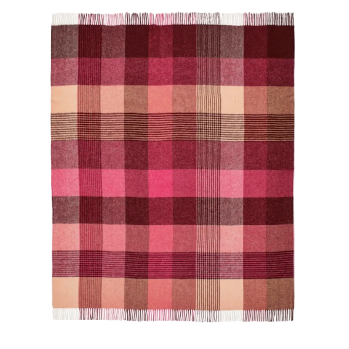 A rectangular woven throw blanket with a plaid pattern in shades of pink, burgundy, beige, and brown, featuring white fringe on the top and bottom edges, shown against a plain white background.