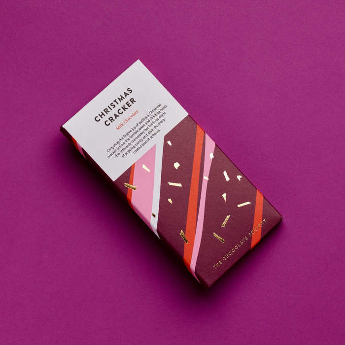 Chocolate bar with a label on a purple background