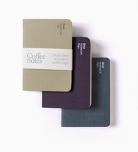 Three small notebooks in beige, purple, and gray with 'Coffee Notes' text on a white background