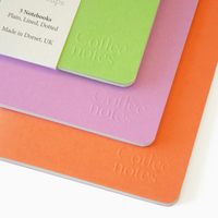 Colorful notebooks with 'Coffee notes' embossed on them, arranged on a white surface.