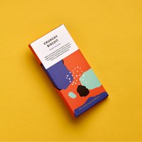 Chocolate bar packaging with colorful design on a yellow background