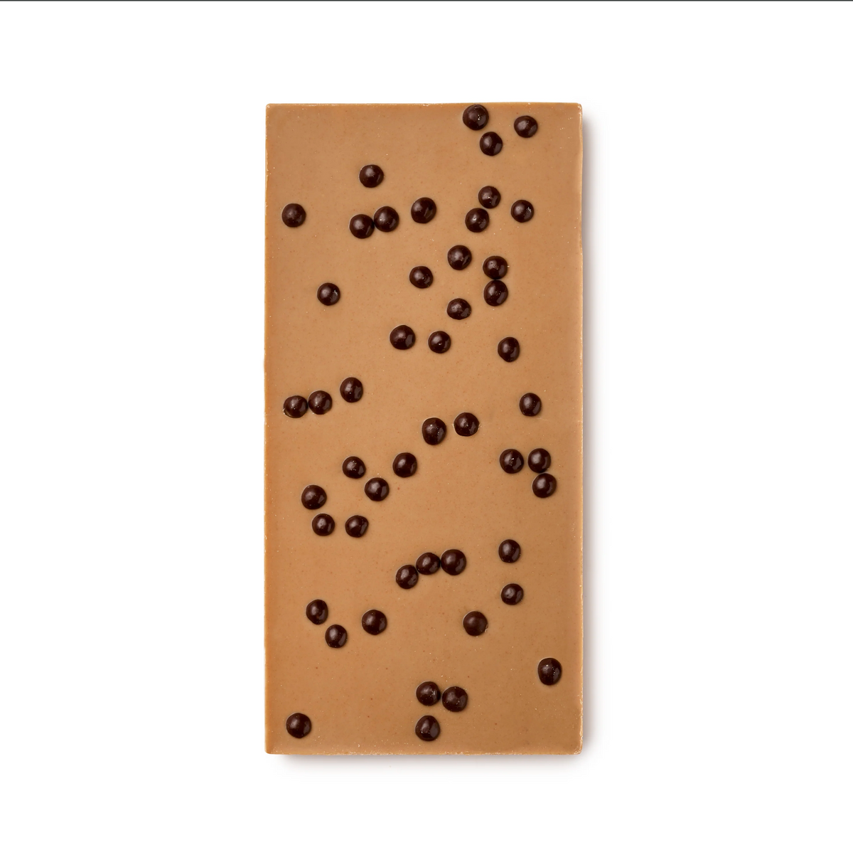 Brown chocolate bar with chocolate chips on a white background
