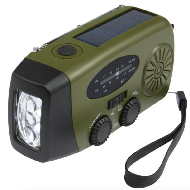Green emergency radio on white background.