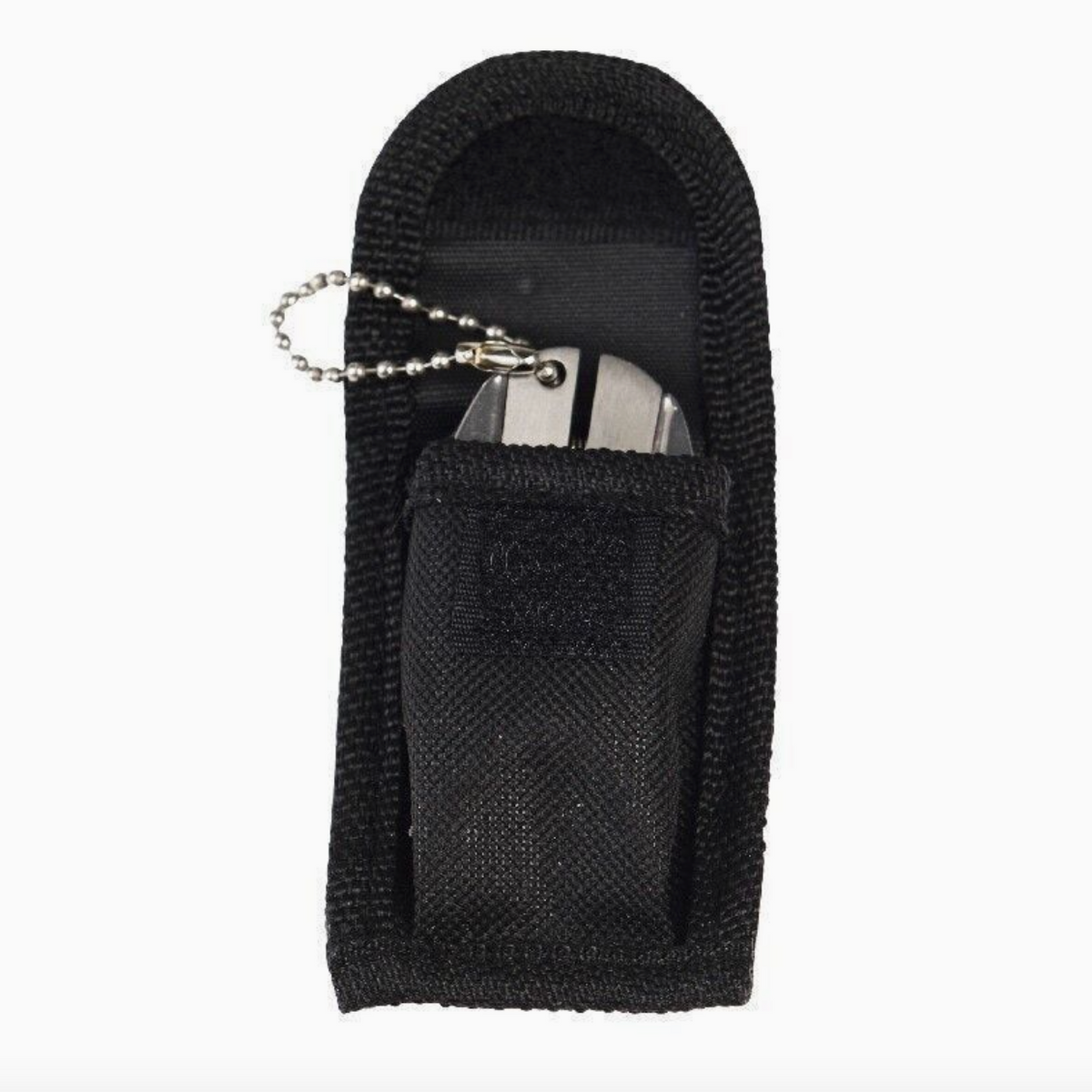 A black nylon sheath containing a folding knife with a silver metal ball chain keyring, shown against a plain white background.
