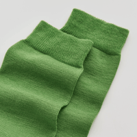 Green knitted socks on a light gray background