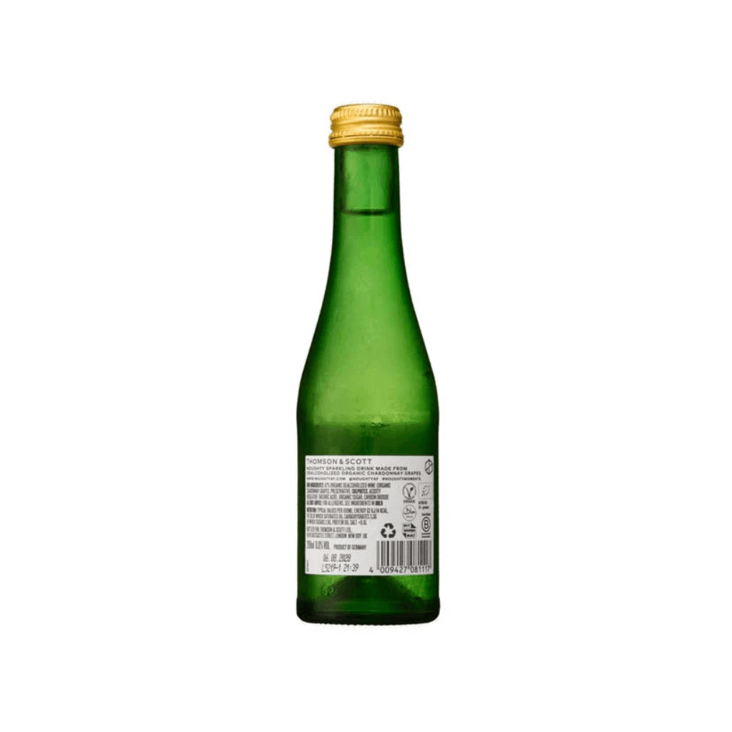 Green glass bottle with a gold cap on a white background