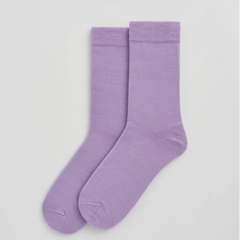 Pair of purple socks on a light gray background