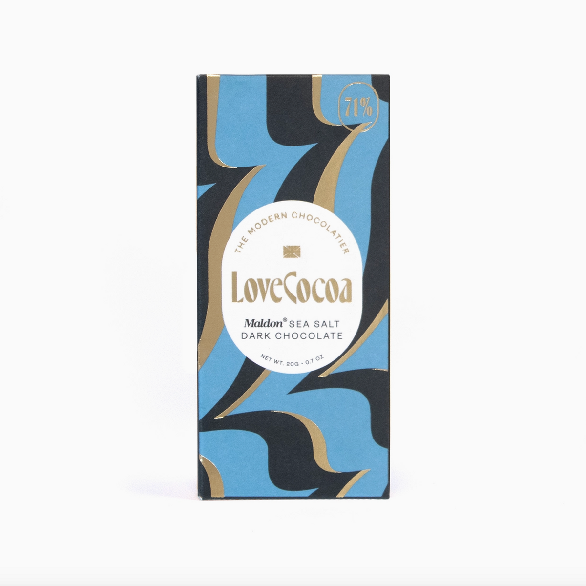 LoveCocoa dark chocolate bar packaging with blue and black design on a white background
