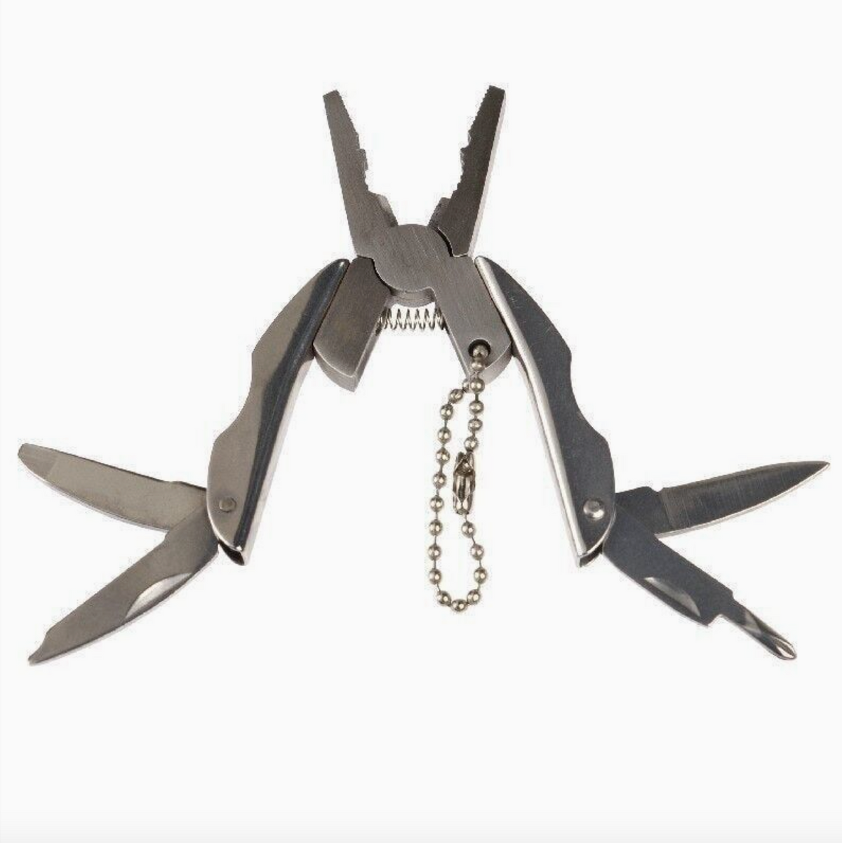 A stainless steel multi-tool pocket knife with pliers, scissors, and a keychain ball chain, shown open against a plain white background.