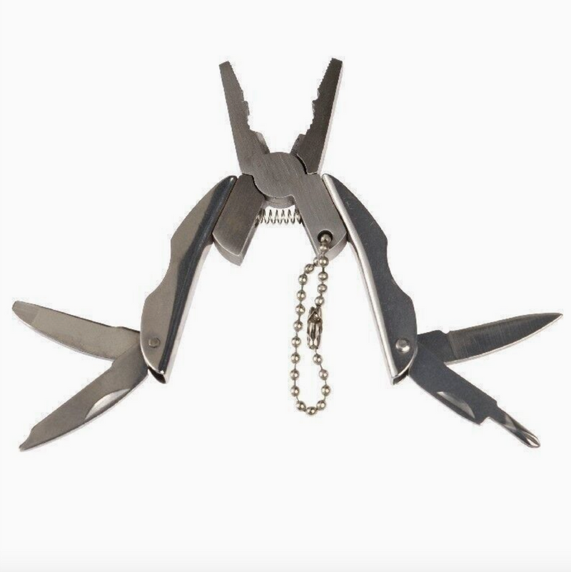A stainless steel multi-tool pocket knife with pliers, scissors, and a keychain ball chain, shown open against a plain white background.