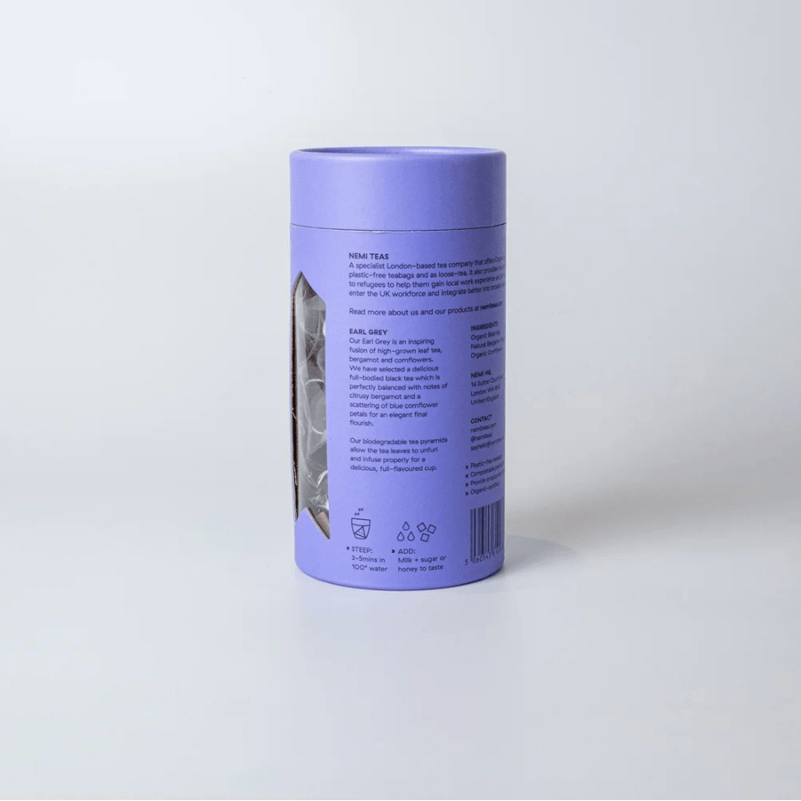 Purple cylindrical container with text and graphics on a white background