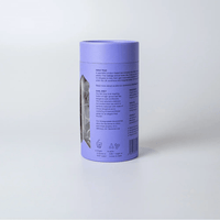 Purple cylindrical container with text and graphics on a white background