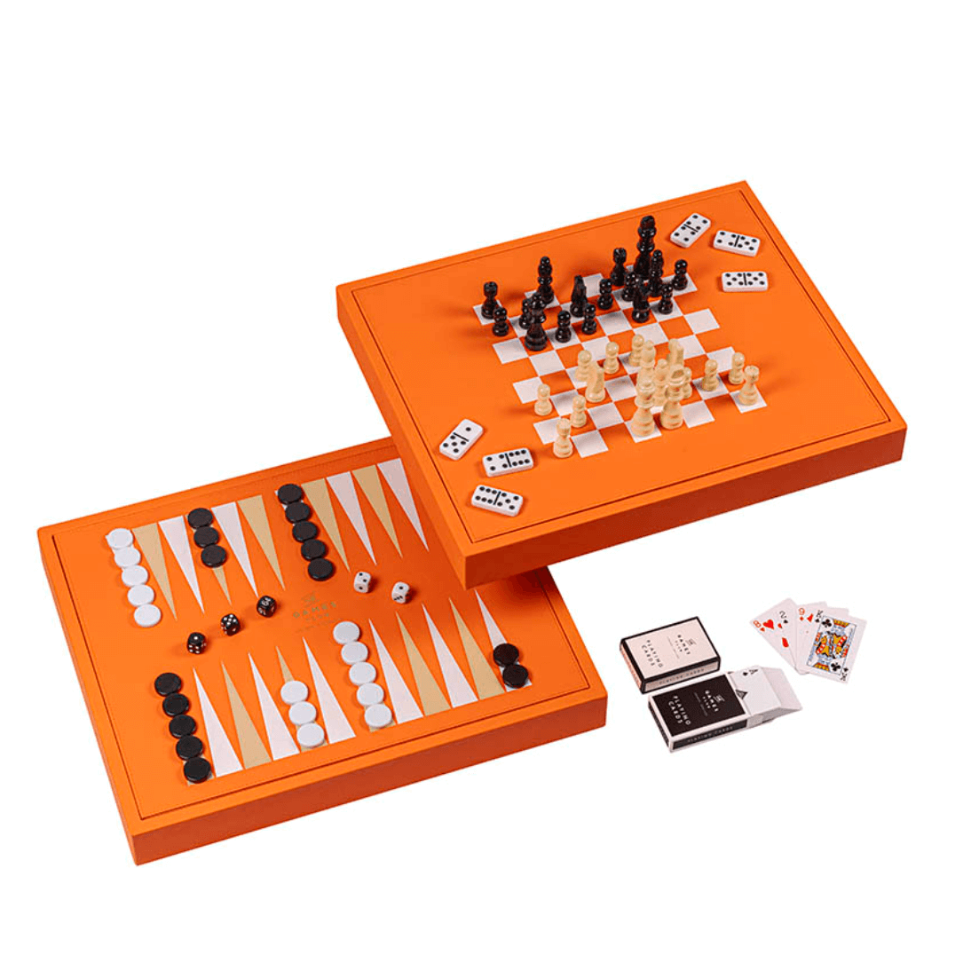 Orange board game set with chess, checkers, and cards on a white background