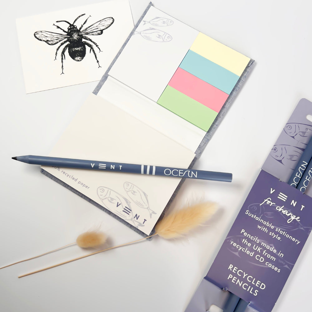 Vent for change Ocean sticky notes and recycled pencils with bee gift card