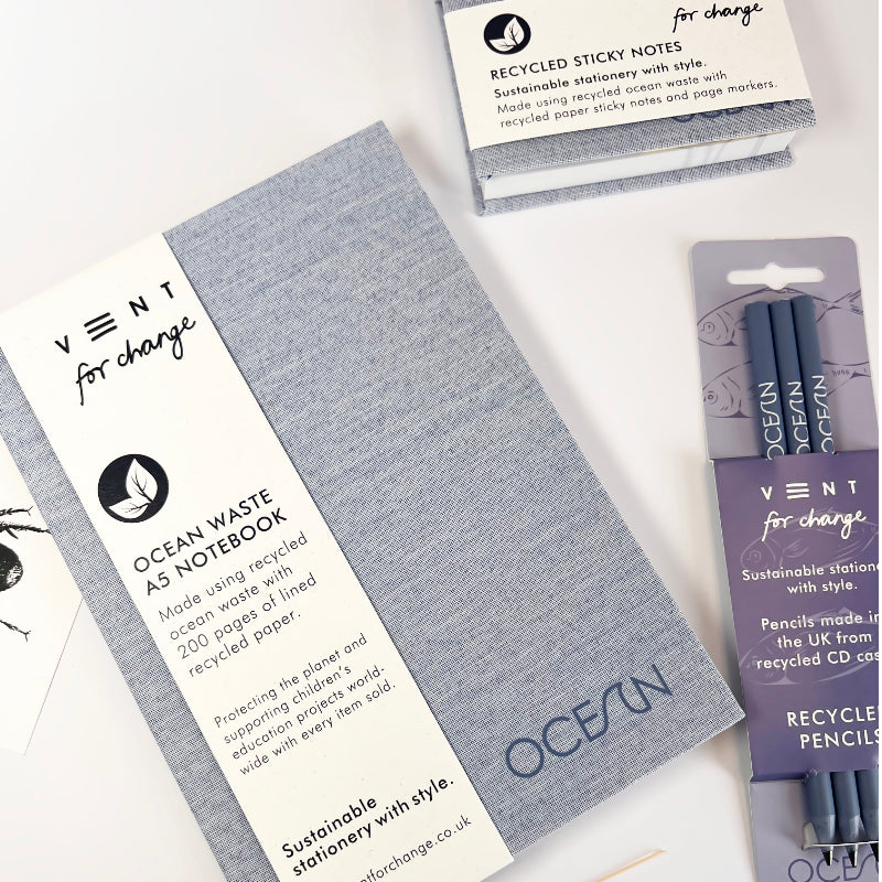 Sustainable stationery items including a notebook, sticky notes, and pencils on a white background.