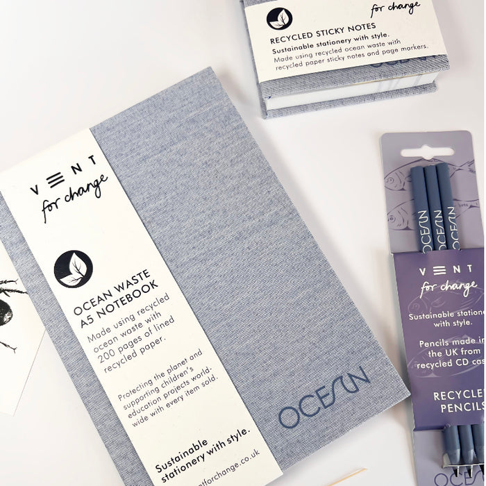 Sustainable stationery items including a notebook, sticky notes, and pencils on a white background.
