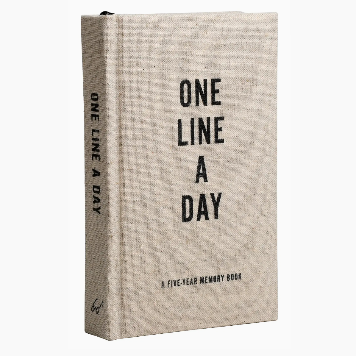 A five-year memory book with a textured beige linen cover and black text reading 'ONE LINE A DAY' on the front and spine, shown on a plain white background.