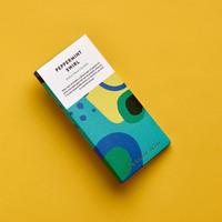 Chocolate bar with 'Peppermint Swirl' on a yellow background