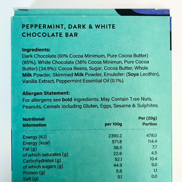Chocolate bar packaging with ingredients, allergen statement, and nutritional information.