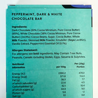 Chocolate bar packaging with ingredients, allergen statement, and nutritional information.