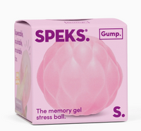 A pink box of SPEKS. Gump. memory gel stress balls, size S, featuring a large photo of the pink gel stress ball on the front.