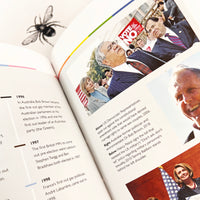 Open book with political images and text, featuring a spider illustration on a white background.