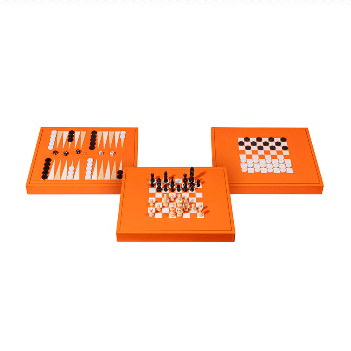 Set of three board games in orange cases on a white background