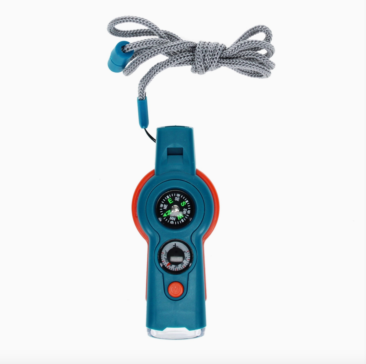 A blue and orange personal compass with a coiled gray lanyard and blue plastic tips, shown on a plain white background.