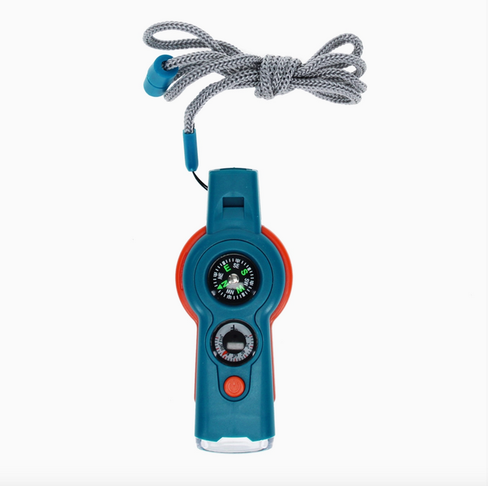 A blue and orange personal compass with a coiled gray lanyard and blue plastic tips, shown on a plain white background.