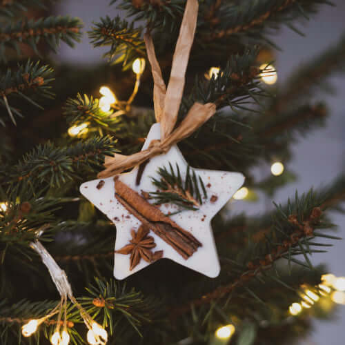 Star-shaped ornament with cinnamon sticks and pine needles hanging on a Christmas tree.