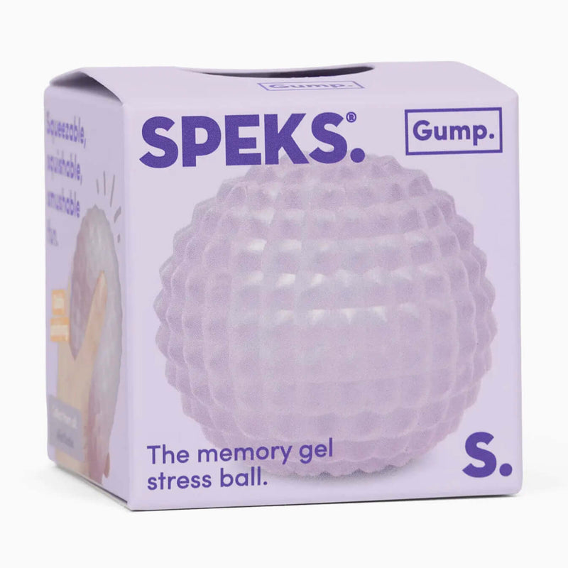 Speks memory gel stress ball packaging with purple text on a white background