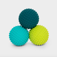 Three textured spiky massage balls in teal, turquoise, and lime green, arranged in a pyramid on a light gray background.