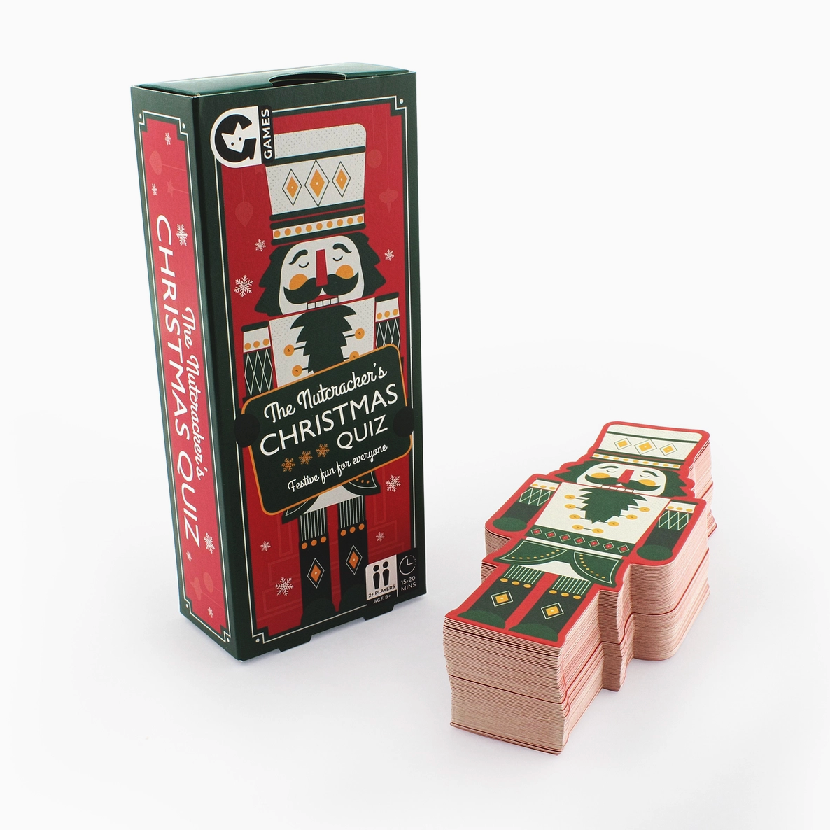 The Nutcracker's Christmas Quiz wooden card game shown with its red and green retail box on a clean white background. The box features a nutcracker illustration and the title 'The Nutcracker's Christmas Quiz'.