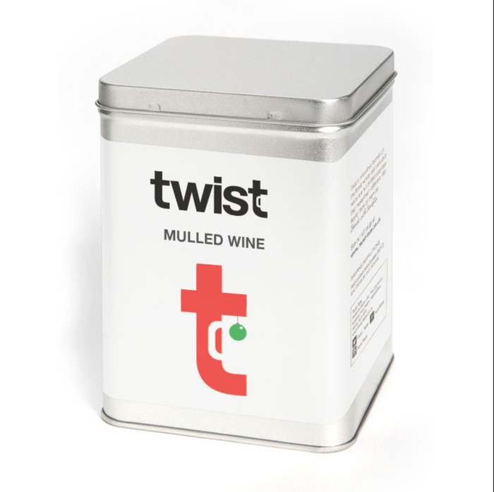 Metal tin container for 'twist Mulled Wine' on a white background