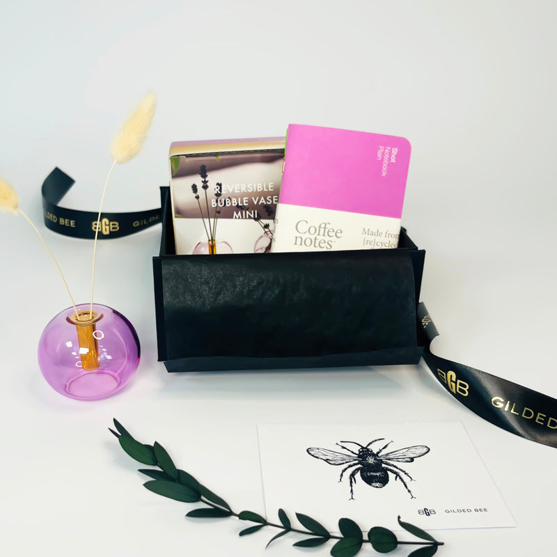 Mini pink glass vase with notebooks in a gift box