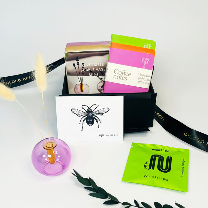 Vase and notebook set pink tea in gift box with bee gift card