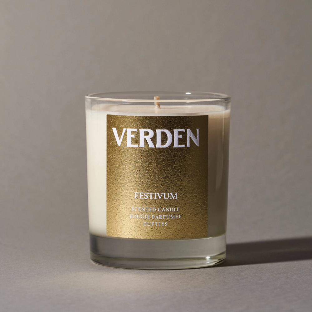 Verden Festvium candle with gold lable on grey back ground 