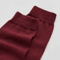 Pair of burgundy socks on a light gray background
