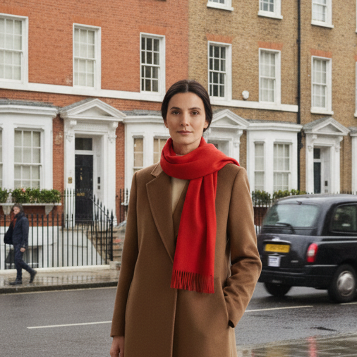 Person wearing a long coat and red scarf standing on a rain-soaked street with brick buildings and black taxi  in the background.