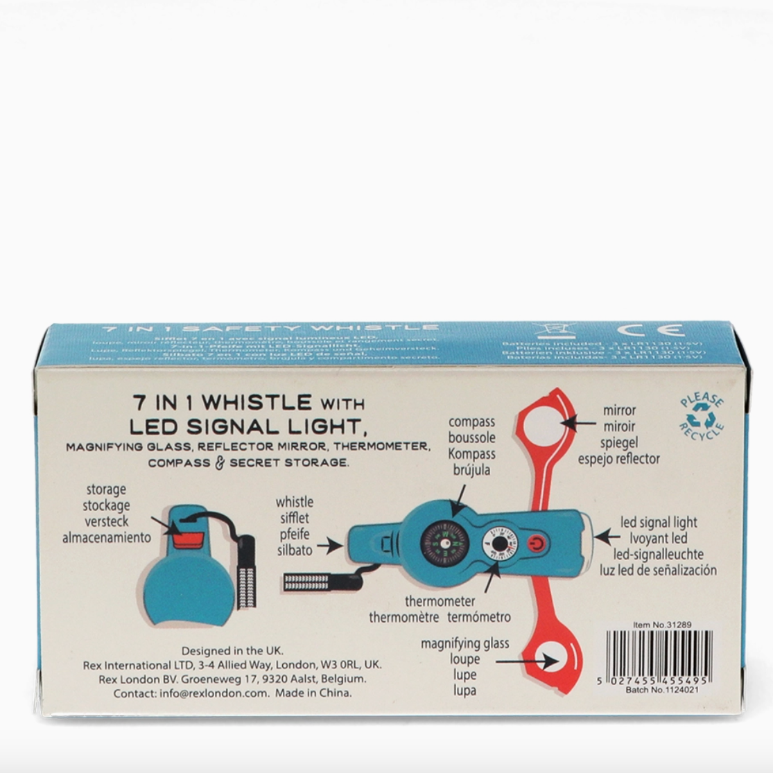 The packaging box for the '7 in 1 Whistle' featuring a light blue and white design with detailed product illustrations and labels.